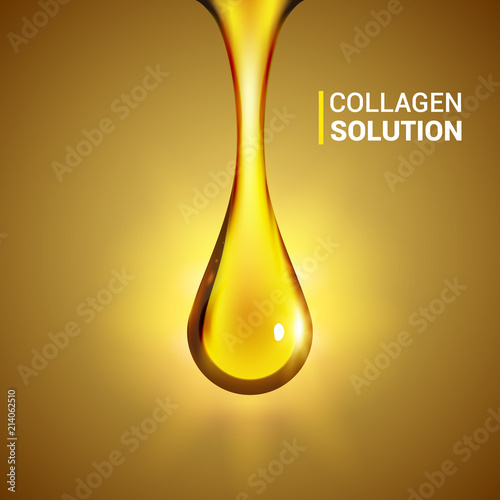 Supreme collagen oil drop serum. Shining golden essence droplet cosmetic design