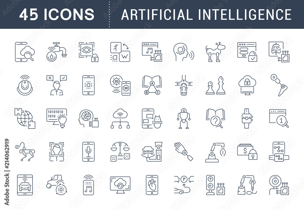 Set Vector Line Icons of Artificial Intelligence.