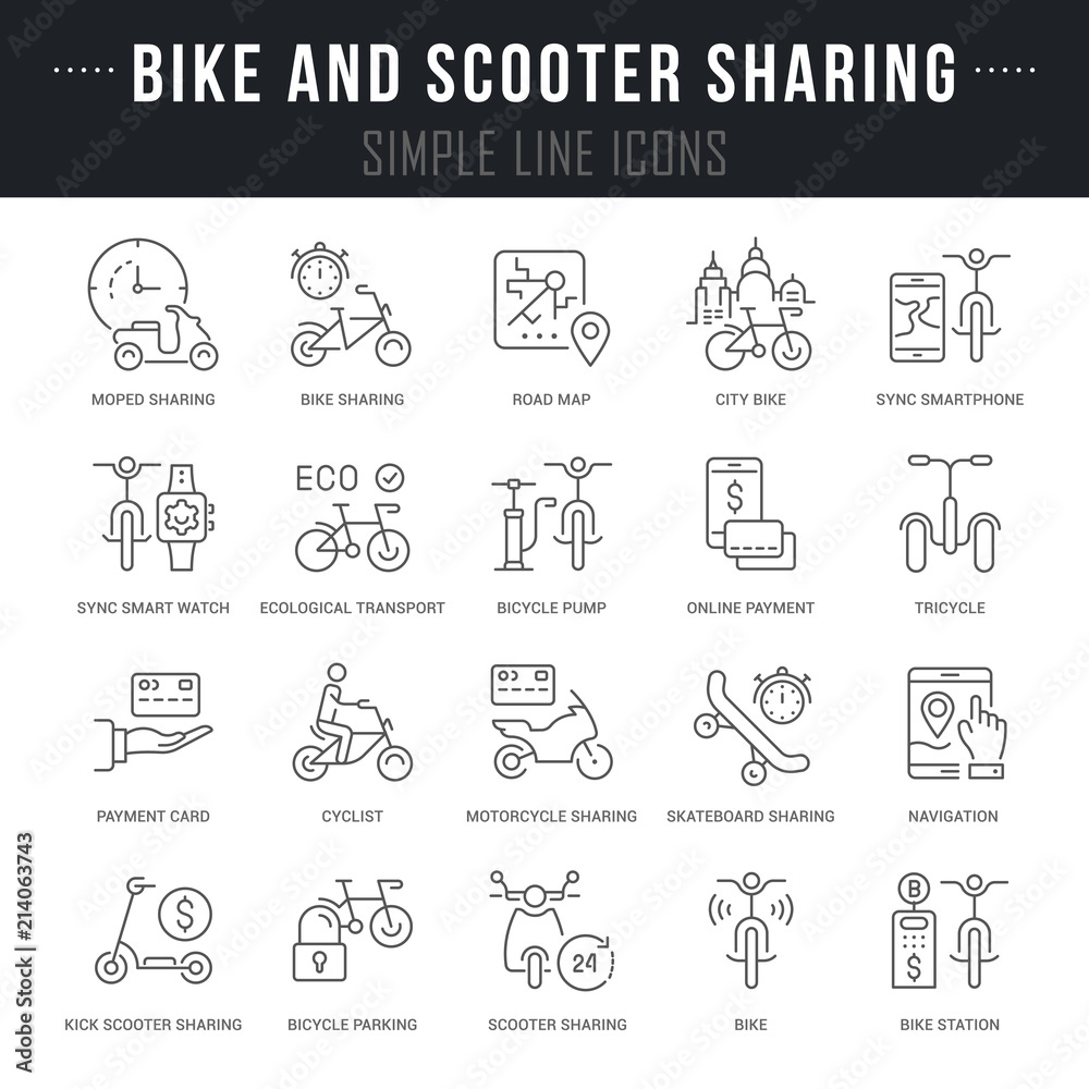 Set Vector Line Icons of Bike and Scooter Sharing.