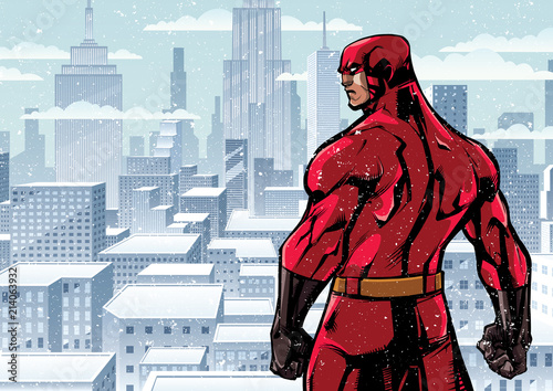 Comics style illustration of powerful superhero standing ready for battle on winter city background.