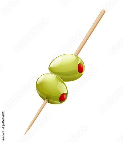 Two green olive with stick. Oil natural vegetarian product.