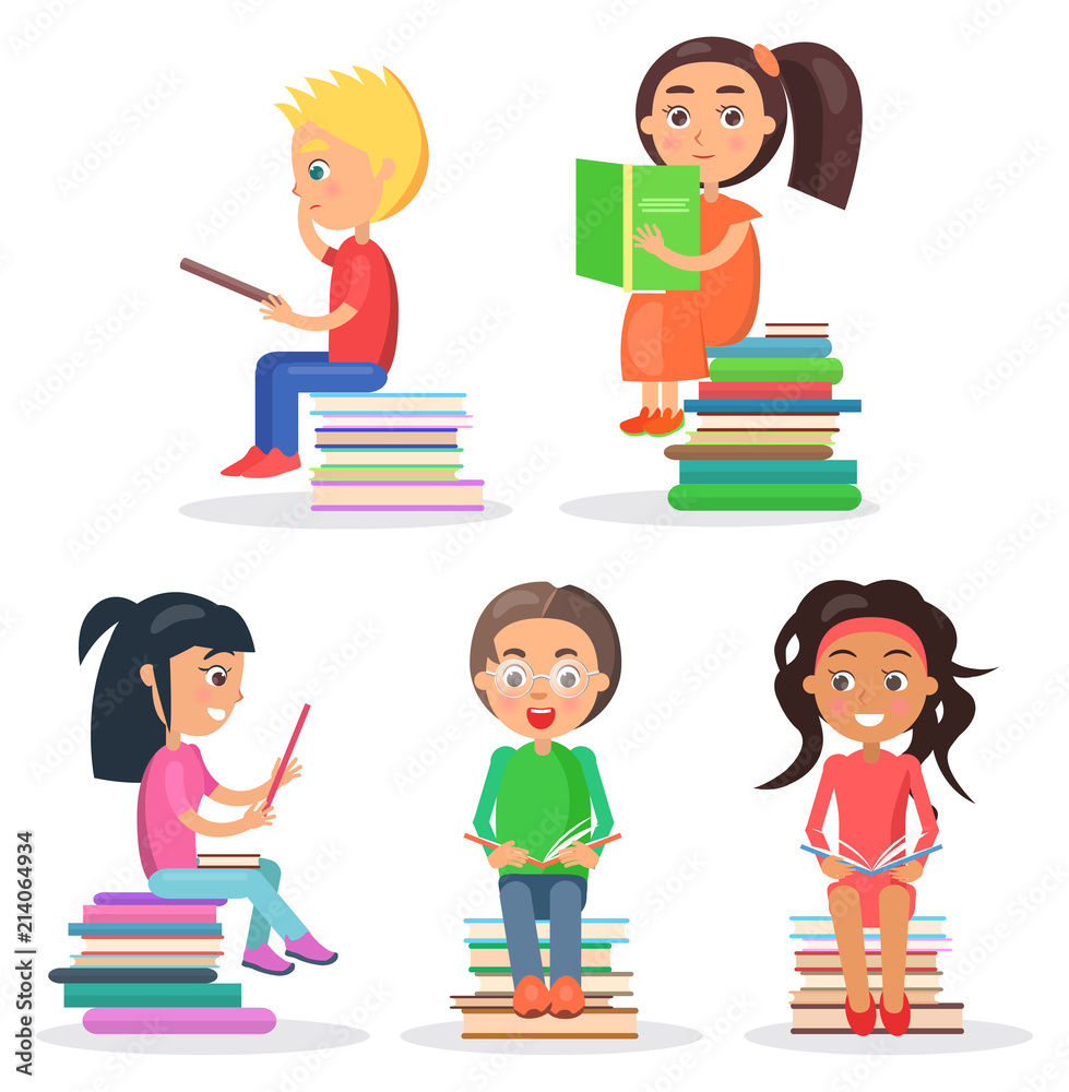 Five Reading Kids Sitting on Pile of Literature Five Reading Kids Sitting on Pile of Literature