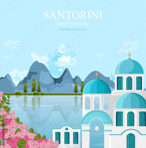 Santorini Greece architecture facades Vector. Travel banner with white and blue houses backgrounds