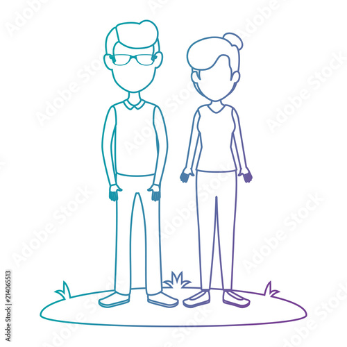 young couple in grass avatars characters vector illustration design