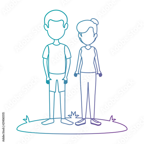 young couple in grass avatars characters vector illustration design