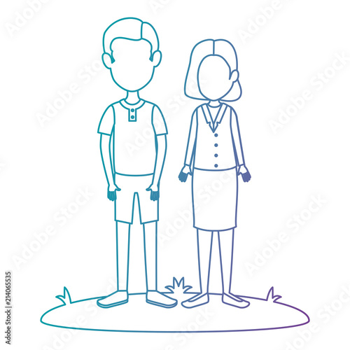 young couple in grass avatars characters vector illustration design
