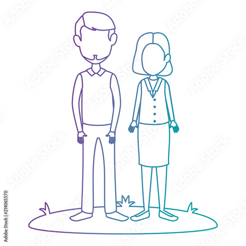 young couple in grass avatars characters vector illustration design