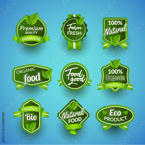 Organic health food badge seal design. Natural organic food sticker set. Farm product market signs in vector