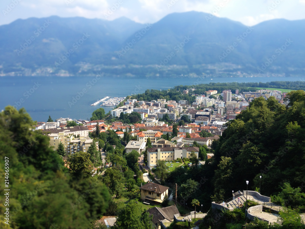 Locarno City Top View, Lago Maggiore and mountains landscape on a summer day, Ticino, Switzerland