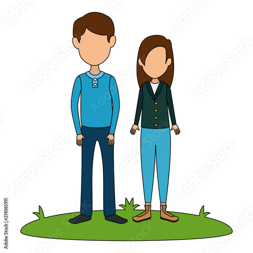 young couple in grass avatars characters vector illustration design