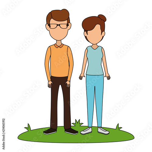 young couple in grass avatars characters vector illustration design