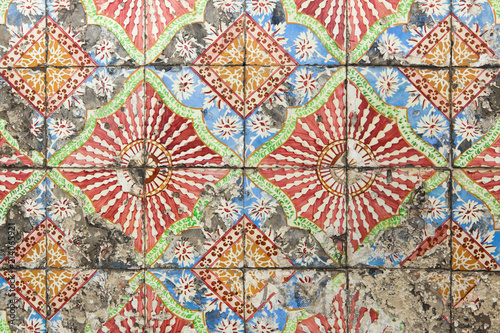 Traditional Portuguese azulejo tiles on the building in Porto, Portugal.