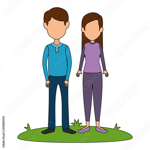 young couple in grass avatars characters vector illustration design