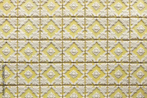 Traditional Portuguese azulejo tiles on the building in Porto, Portugal.