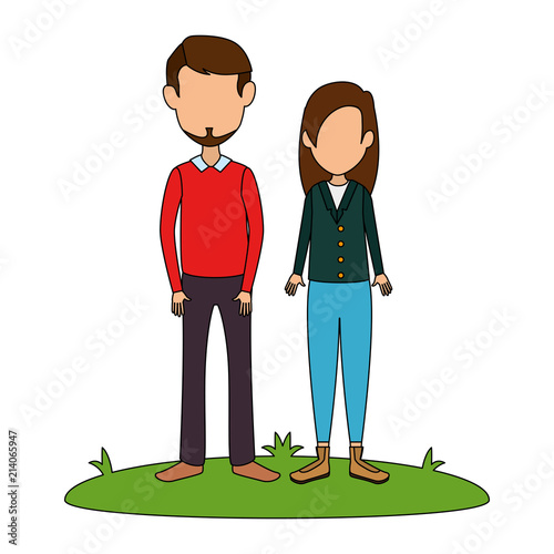 young couple in grass avatars characters vector illustration design