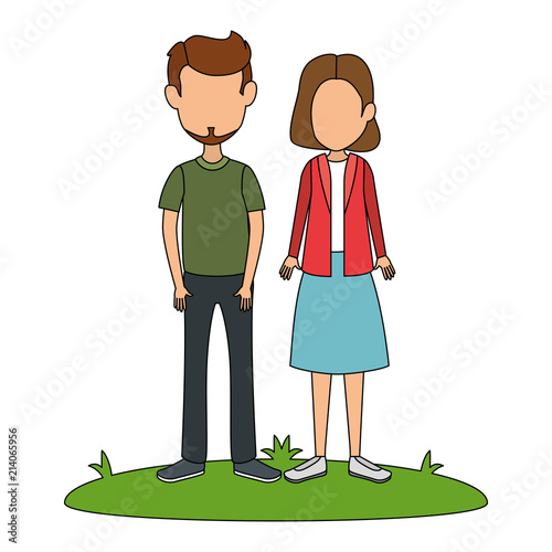 young couple in grass avatars characters vector illustration design