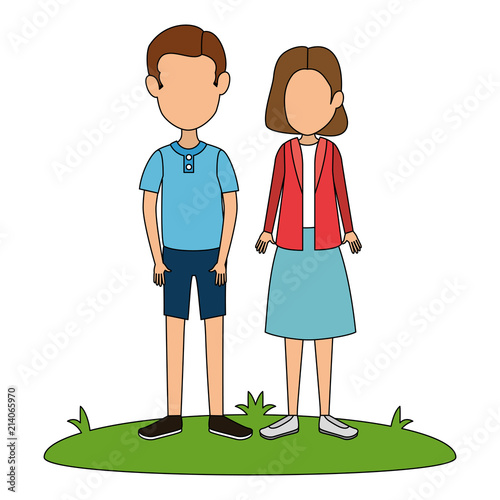 young couple in grass avatars characters vector illustration design