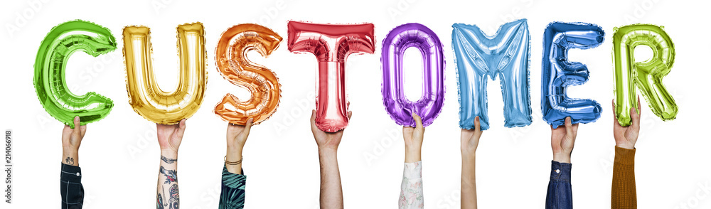 Naklejka premium Rainbow alphabet balloons forming the word customer