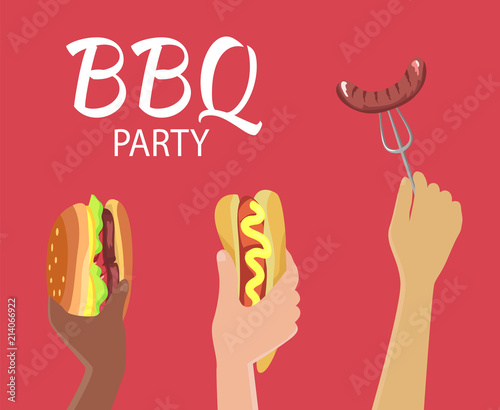 BBQ Party Color Banner Isolated on Red Background