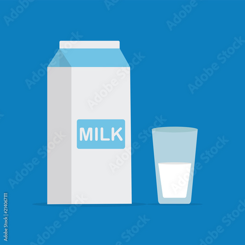 Vector flat style illustration of milk packing and a glass of milk on blue background. Icon for web.