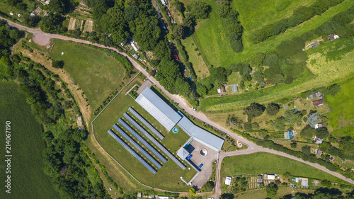 View of the village and panels with solar panels from a bird's eye view.