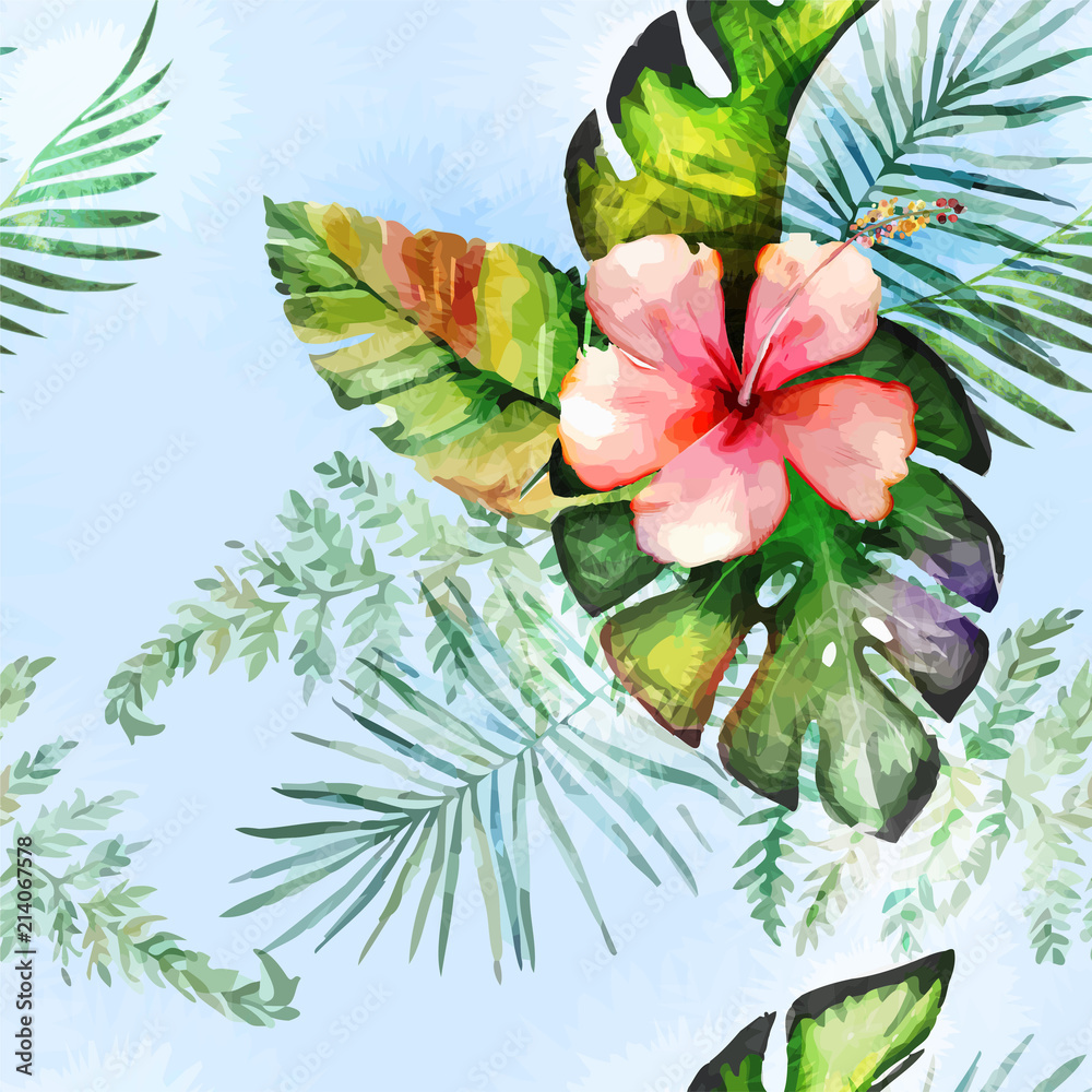 Obraz premium Tropical plants flowers seamless pattern