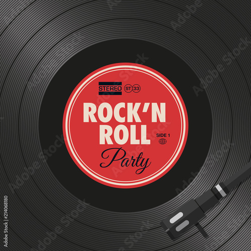 Poster, flyer rock’n roll party, vinyl style. Editable vector design.