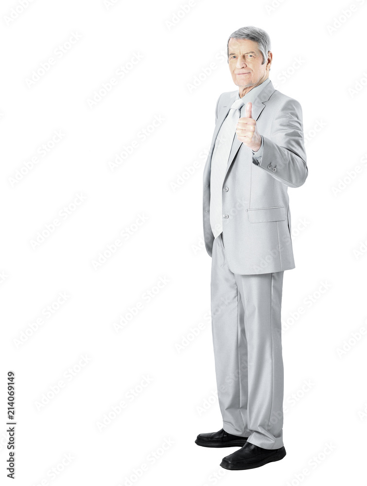 Nice businessman at the age, thumb up. Isolated in the white background. Nice businessman at the age, thumb up. Isolated in the white background.