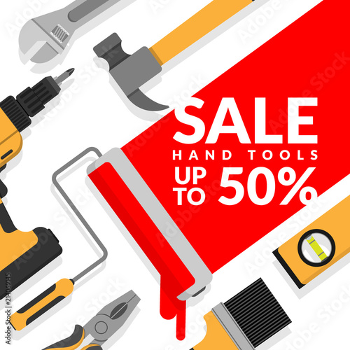 home repair tools set isolated on white background with paint roller painting red color with text hand tools sale up to 50% for hardware store discount promotion and marketing