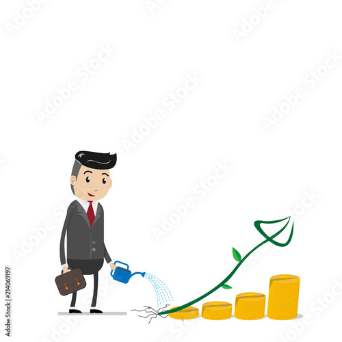 Financial growth success concept with happy businessman watering can pouring on golden coins as step stair start from beginning till success. Business concept for growth success process.