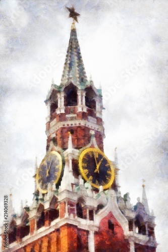 Art illustration. Kremlin, Spasskaya Tower, Red Square, Moscow, Russia. Watercolor Painting © holysource