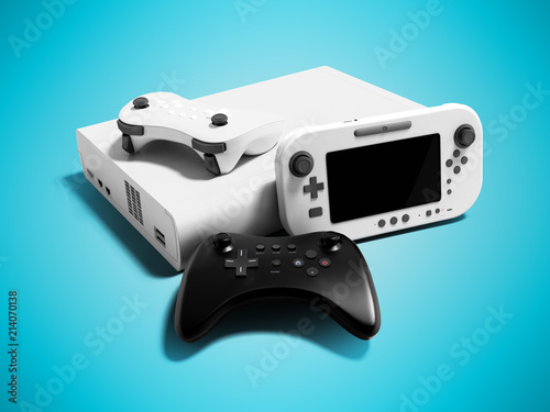 Modern game console white with two dzhostikami and portable game console 3d render on blue background with shadow