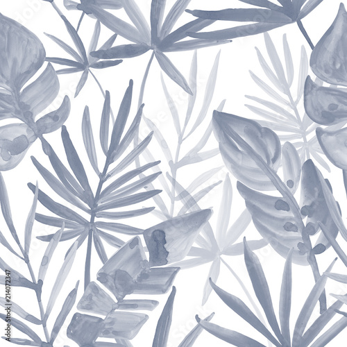 Hand drawn gouache styled illustration of beacn and tropical leaves. Summer mood modern tropical seamless patterns in grey color.