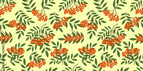 Seamless border with rowanberry branches. Autumn background with orange berries and green leaves. It can be used for websites, packing of gifts, fabrics, wallpapers. Vector illustration.
