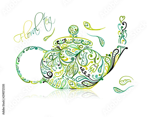 Teapot sketch with green tea for your design
