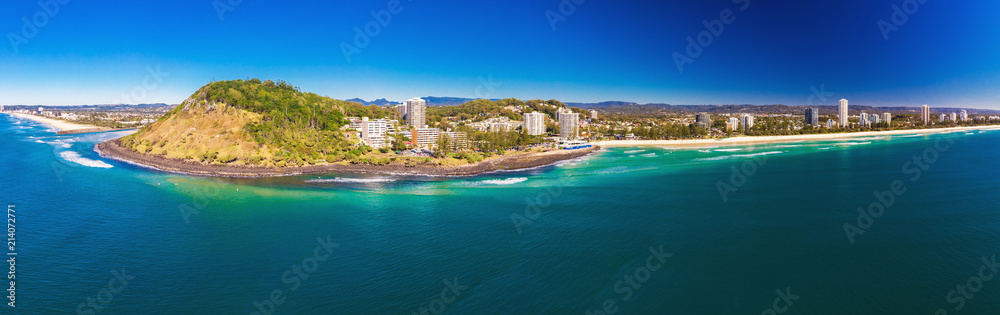 Aerial view of Burleigh Heads - famous surfing beach suburb on the Gold Coast, Queensland, Australia
