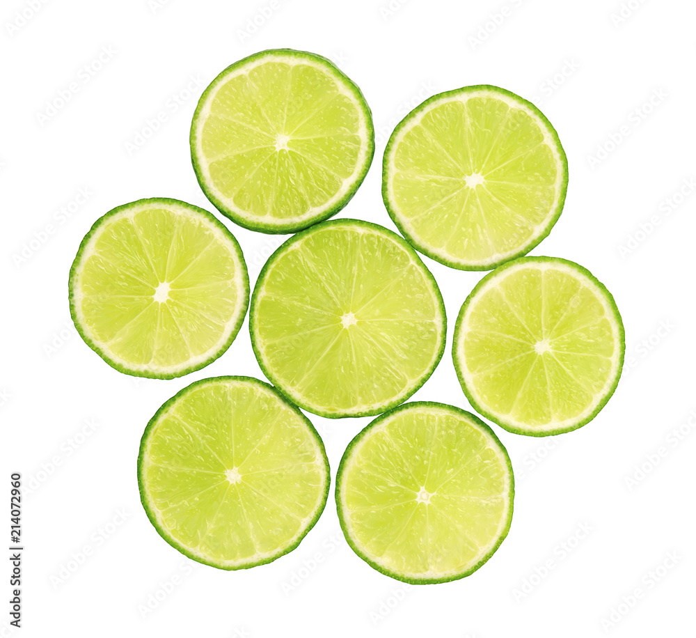 Fresh limes green slice with leaves isolated on white background, with clipping path
