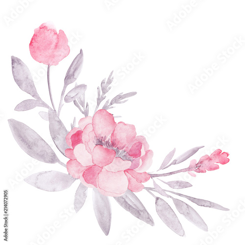 Gentle watercolor illustration of peony flowers and leaves in light pink and grey colors. Watercolor decor elements for wedding cards and invitations. © yashroom