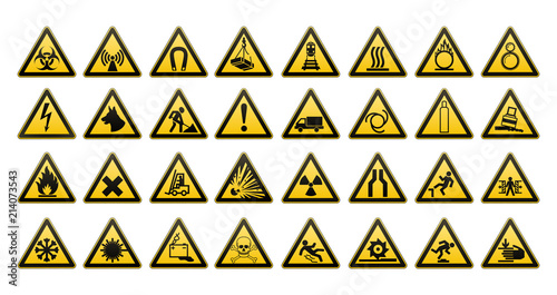 Warning signs large set. Safety in workplace. Yellow triangle with black image. Vector illustration.