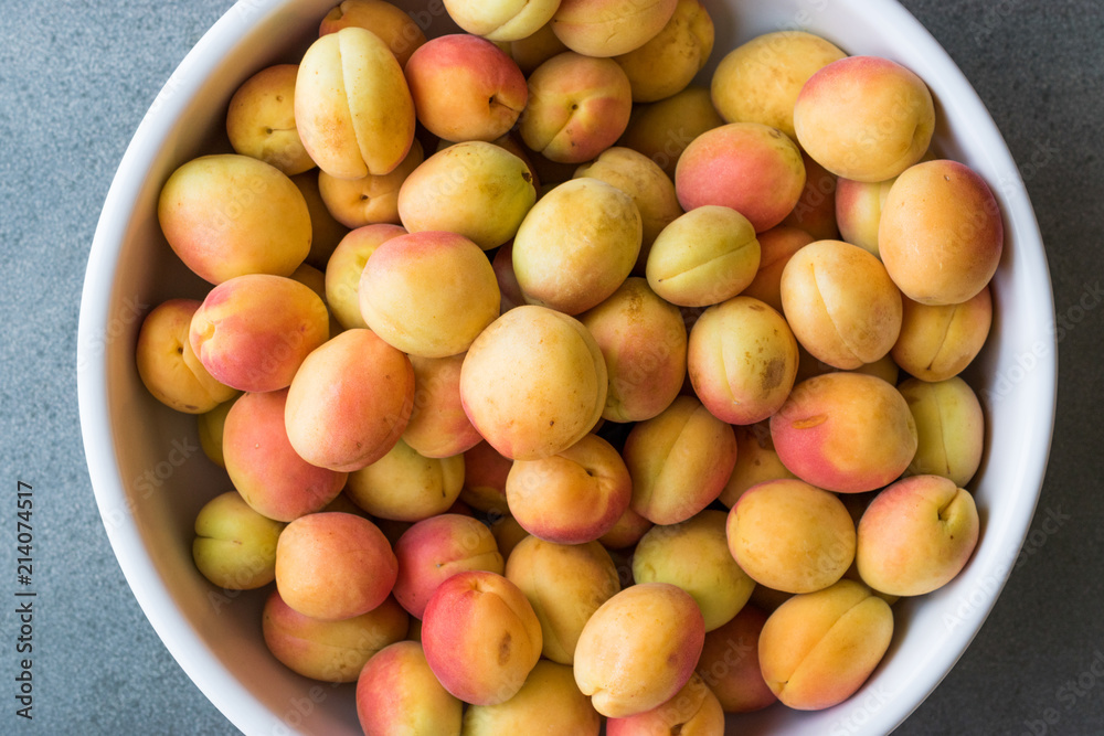 Raw Ripe Organic Orange Pile of Apricots in Big Bowl. Raw Ripe Organic Orange Pile of Apricots in Big Bowl.