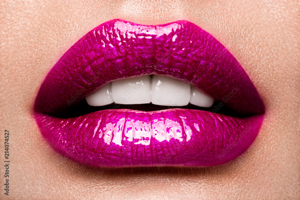 Sexy Lips. Beauty Pink Lips Makeup Detail. Beautiful Make-up Closeup.  Sensual Open Mouth. lipstick or Lipgloss Stock Photo | Adobe Stock
