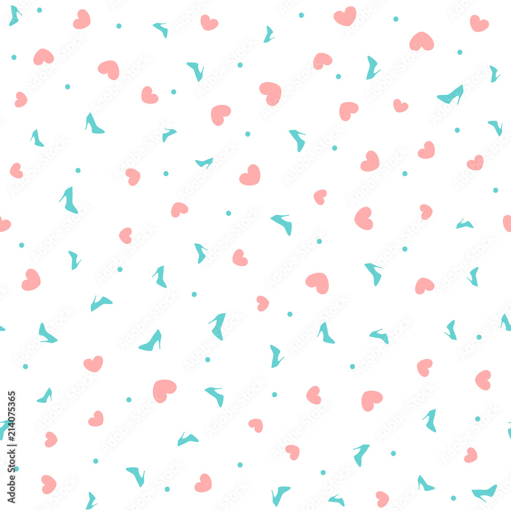 Repeating silhouettes of hearts and women's shoes and round dots. Cute feminine seamless pattern. Endless stylish print.