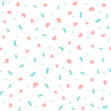 Repeating silhouettes of hearts and women's shoes and round dots. Cute feminine seamless pattern. Endless stylish print.