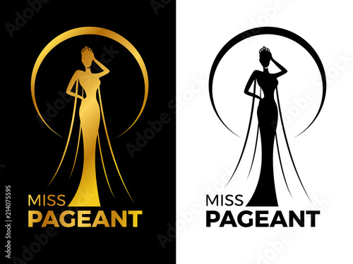 Miss lady pageant logo sign with Gold and black woman wear Crown in circle ring vector design