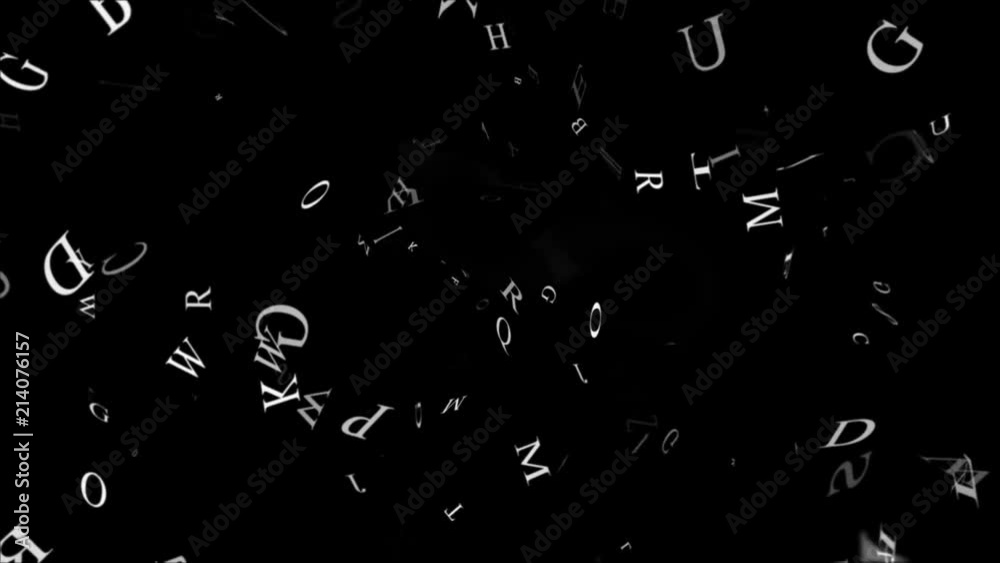 Floating white letters on a black background loop