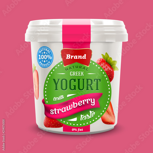natural classic Greek nonfat yogurt jar with strawberry pieces and jam,  commercial vector advertising mock-up 