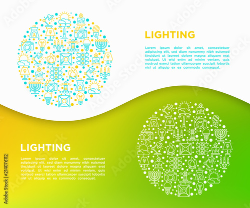 Lighting concept in circle with thin line icons: bulb, LED, CFL, candle, table lamp, sunlight, spotlight, flash, candelabrum, bonfire, menorah, lighthouse. Vector illustration, print media template.