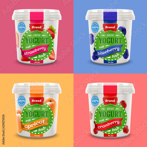 Set of Natural Greek Yogurt packaging container jar design, including strawberry, blueberry, cranberry and  apricot taste also can be used for ice-cream design
