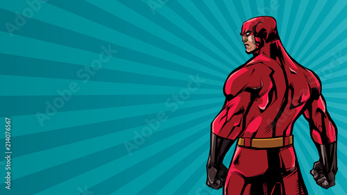 Comics style illustration of powerful superhero standing on ray light background.