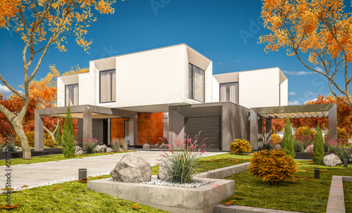 d rendering of modern cozy house in the garden with garage for sale or rent with beautiful trees on background. Clear sunny autumn day with cloudless sky.